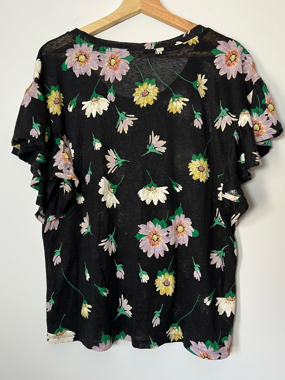 LOFT Black Floral Ruffle Sleeve 100% Linen Tee Spring - Picture 7 of 8